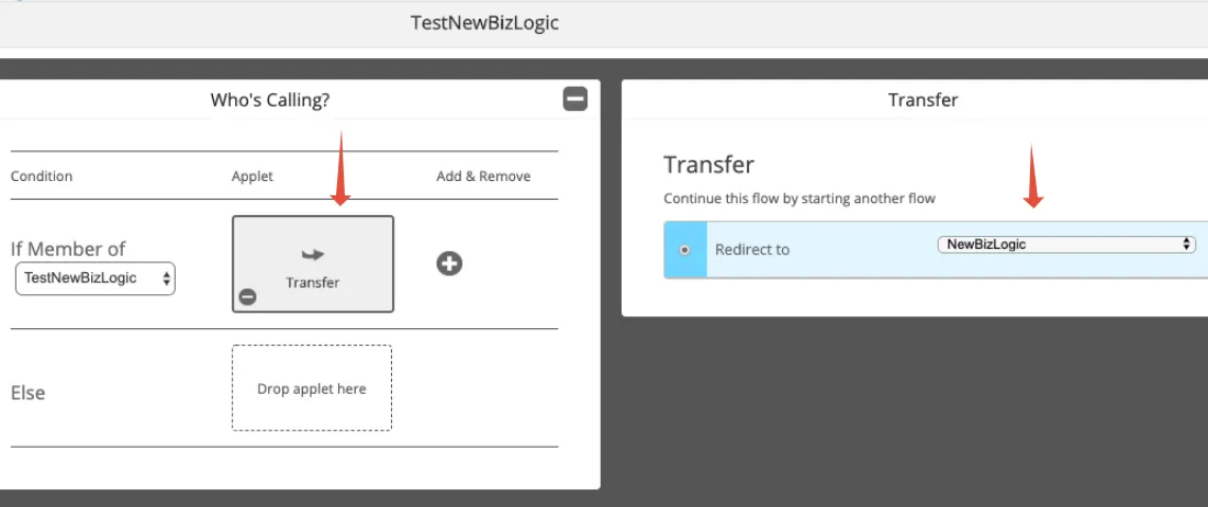Transfer applet connecting listed callers to the new business logic