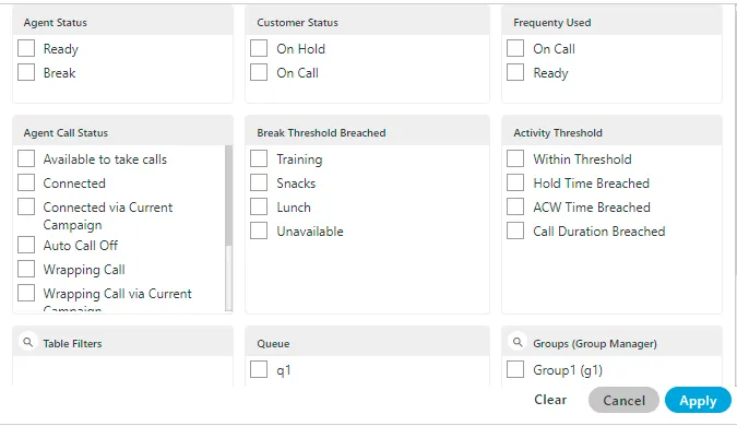 Figure: Table Filters in the Filter modal of Agent List