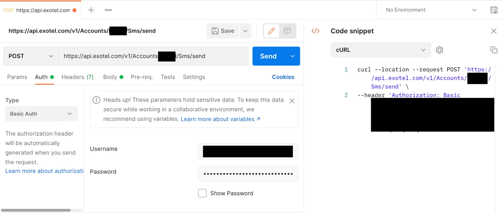 Postman code view showing the cURL request with the basic Authorization token