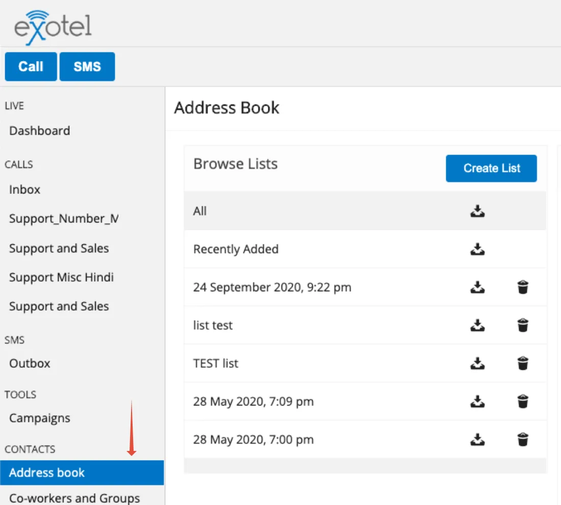 Address Book page in the Exotel dashboard