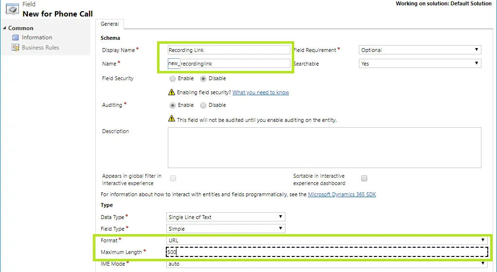 Figure: Recording Link Field