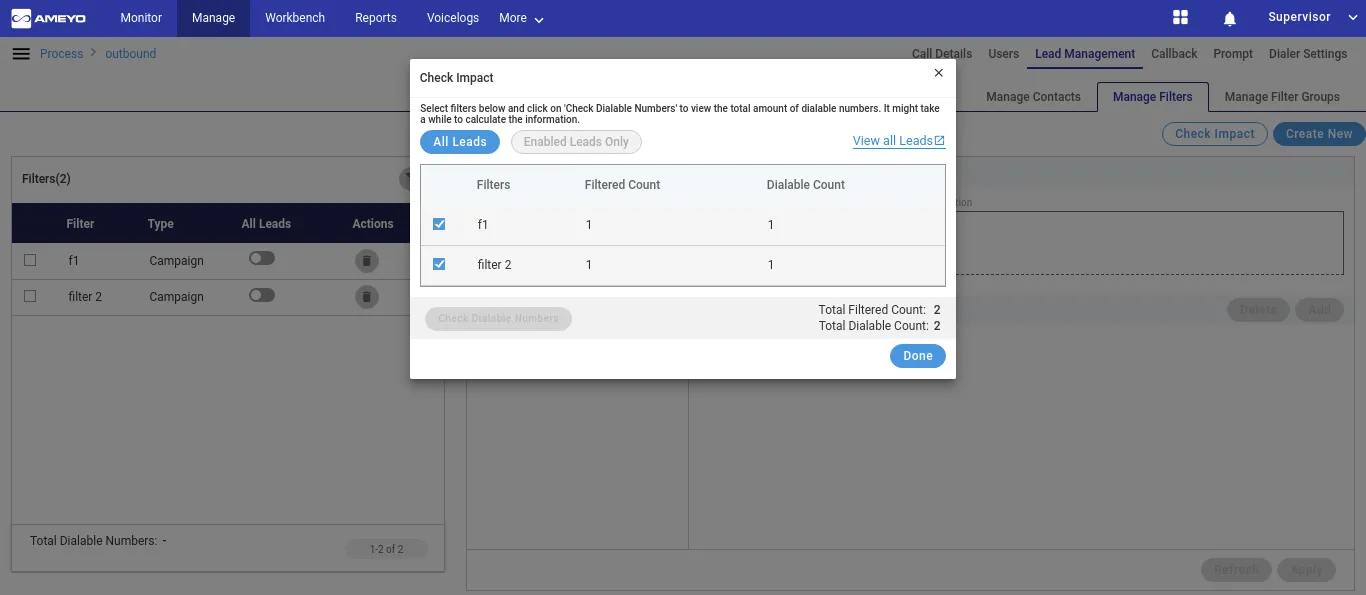 Figure: Option to view the Filtered and Dialed Count across All Leads in the campaign