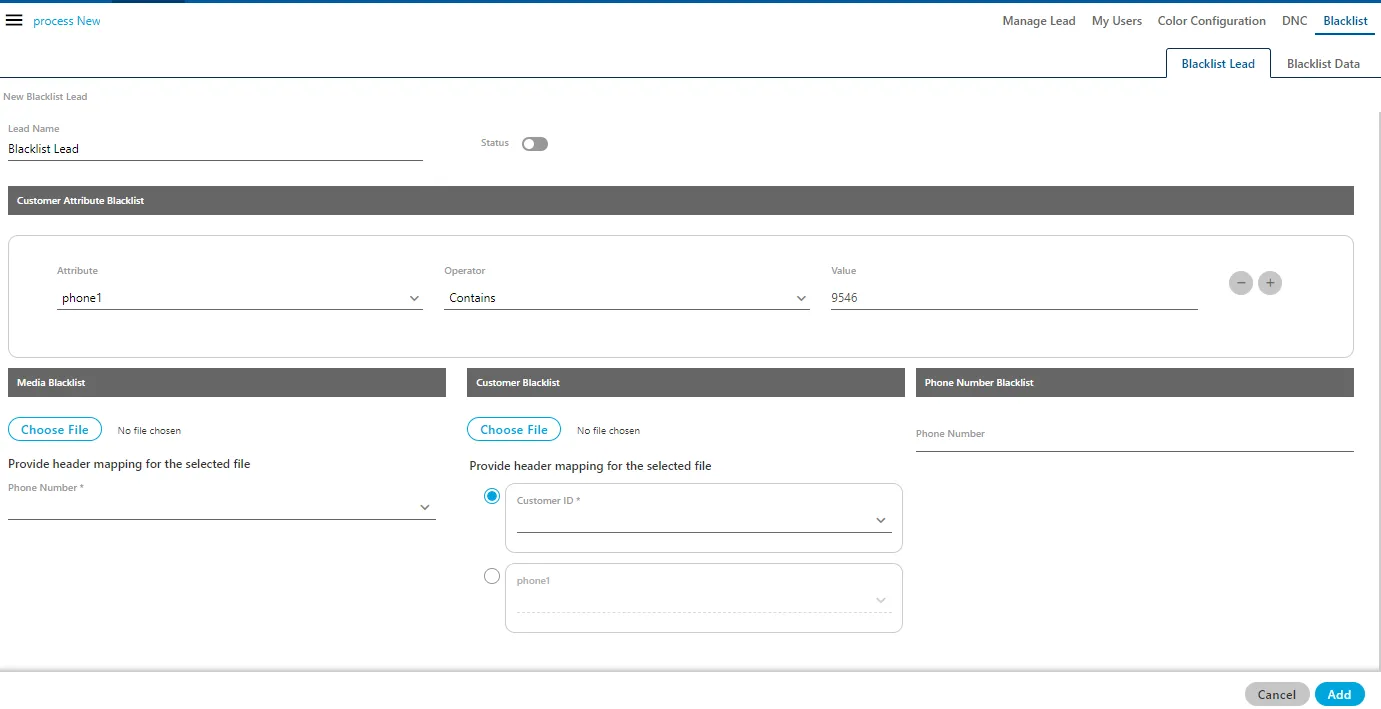 Figure: Adding BlackList Lead