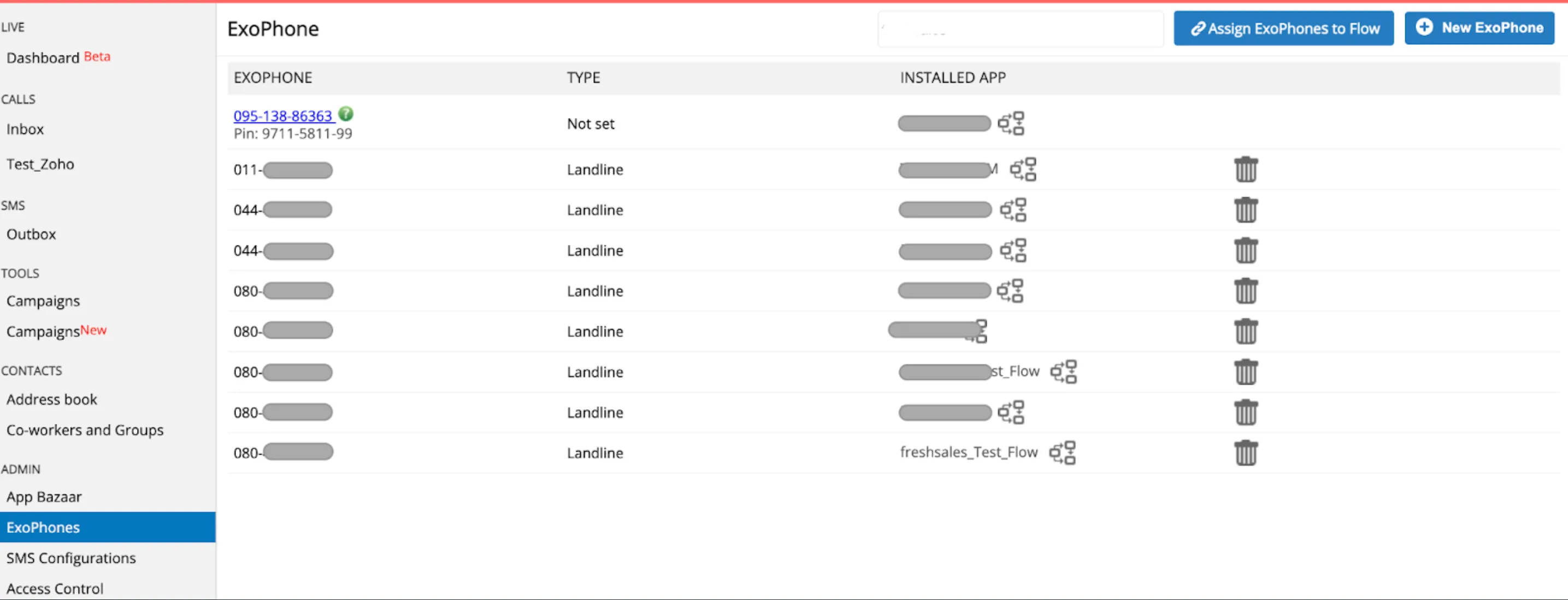 ExoPhones section in the Exotel dashboard