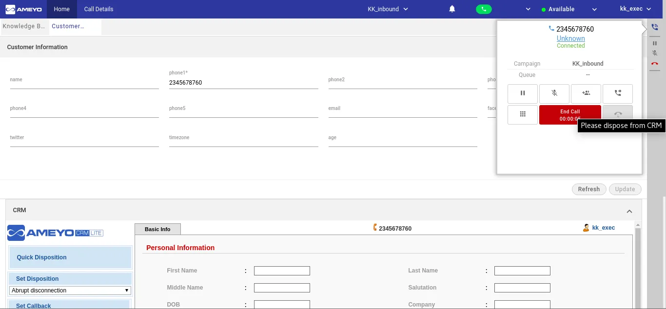 Figure: Disposition of Call is disabled in Telephony Panel