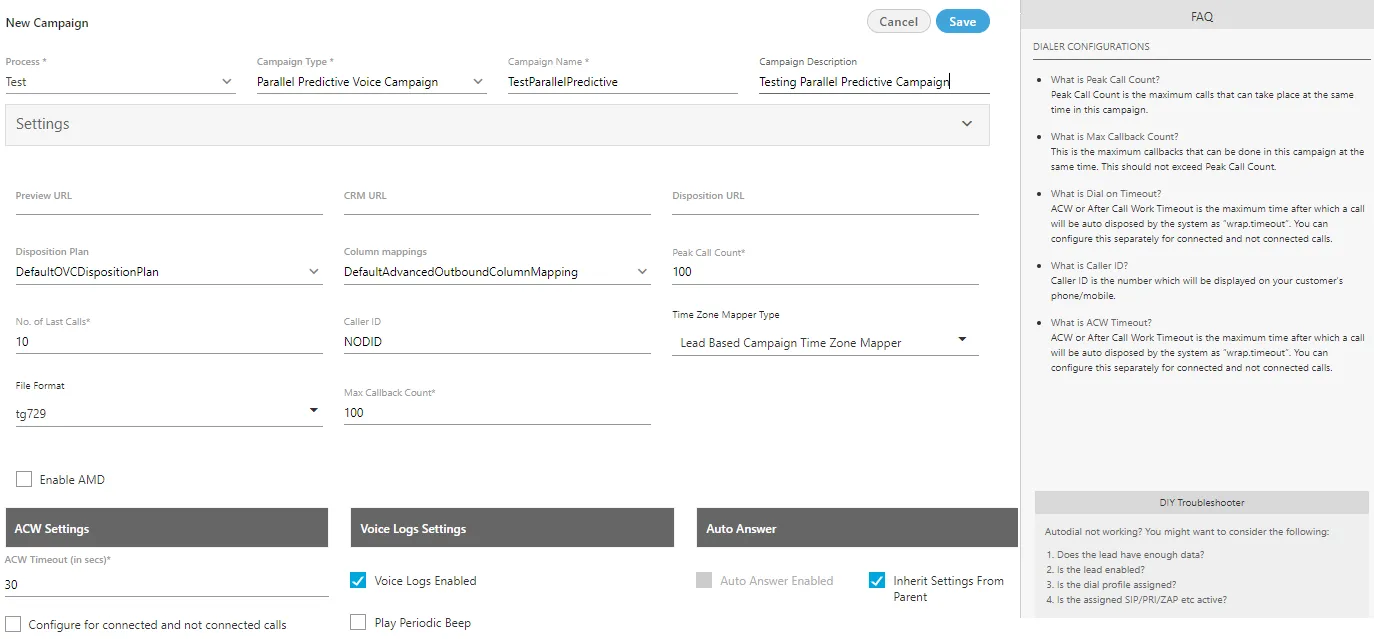 Figure: Creating New Parallel Predictive Voice Campaign
