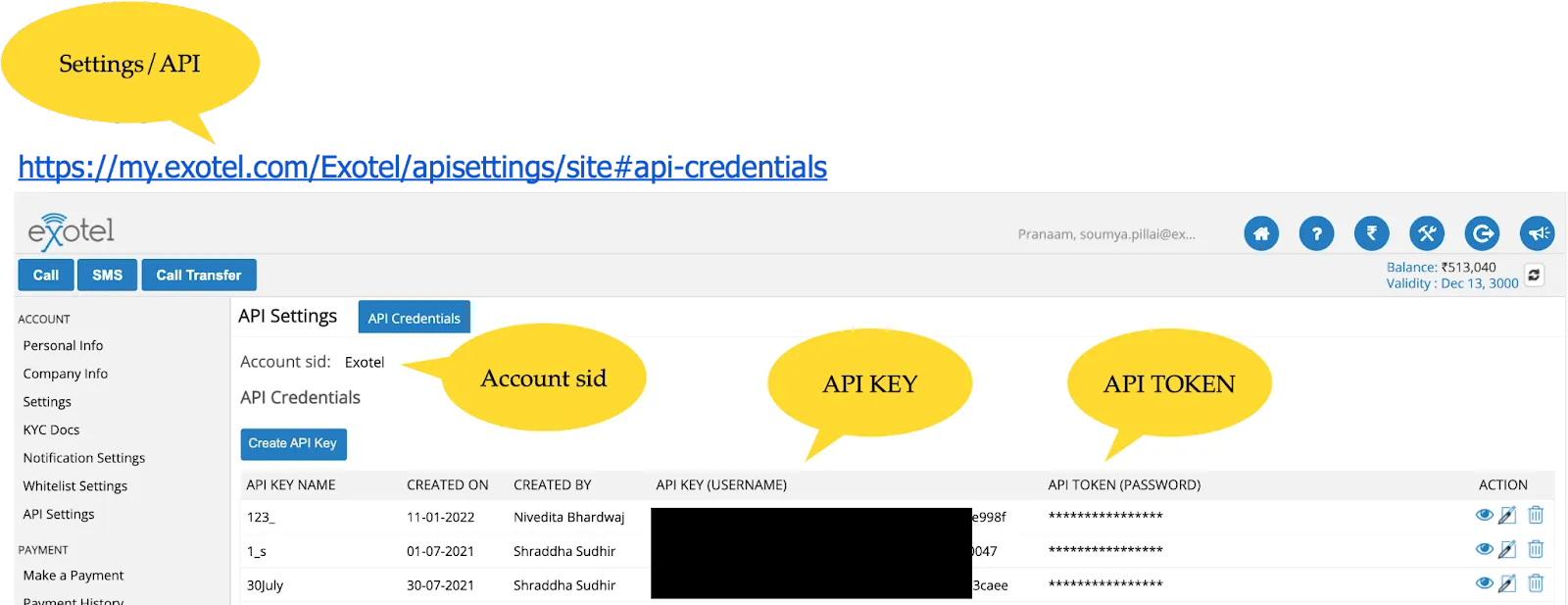 Exotel Dashboard API settings showing the Account SID, API Key, and API Token