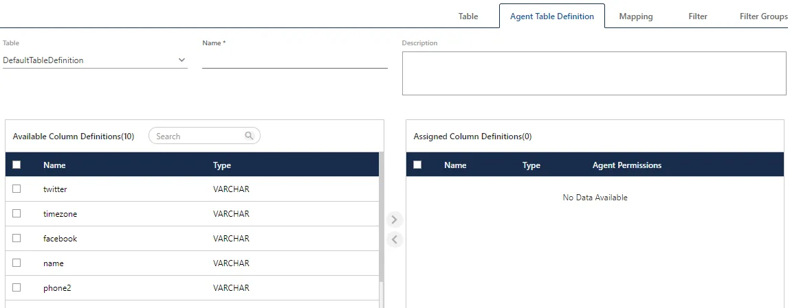 Figure: Create New Agent Table Definition
