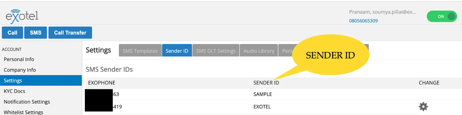 Exotel Dashboard Sender ID settings