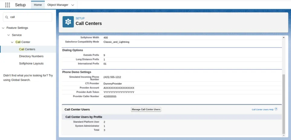 EXOTEL CTI Adapter page with Manage Call Center Users button
