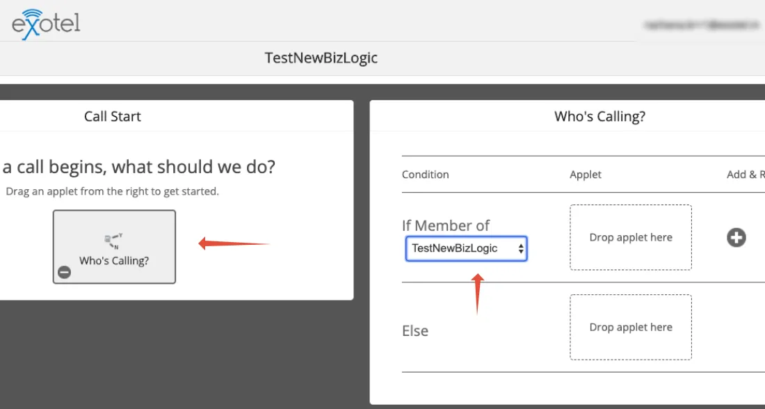 Who's Calling applet with the TestNewBizLogic list selected
