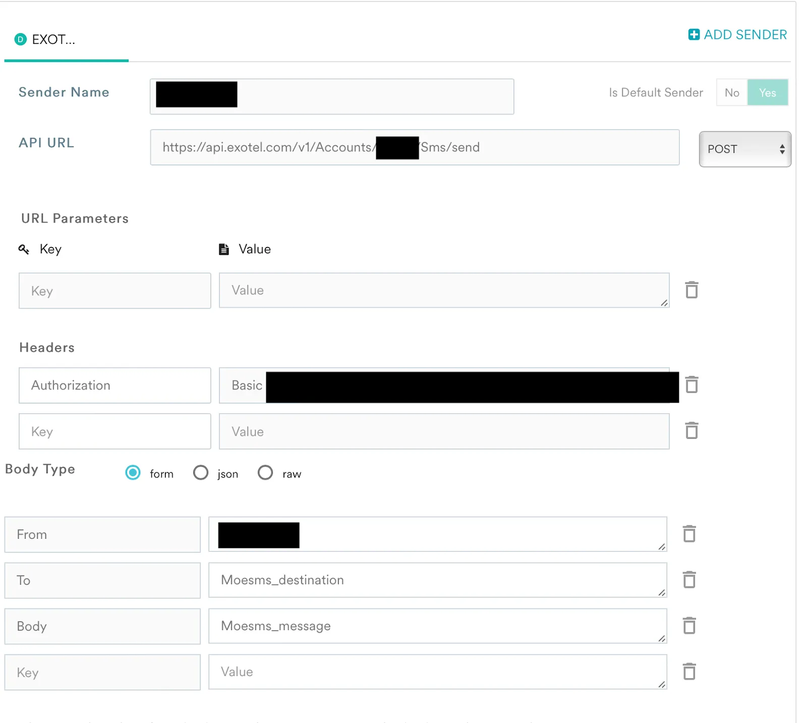 MoEngage SMS Connector configuration screen