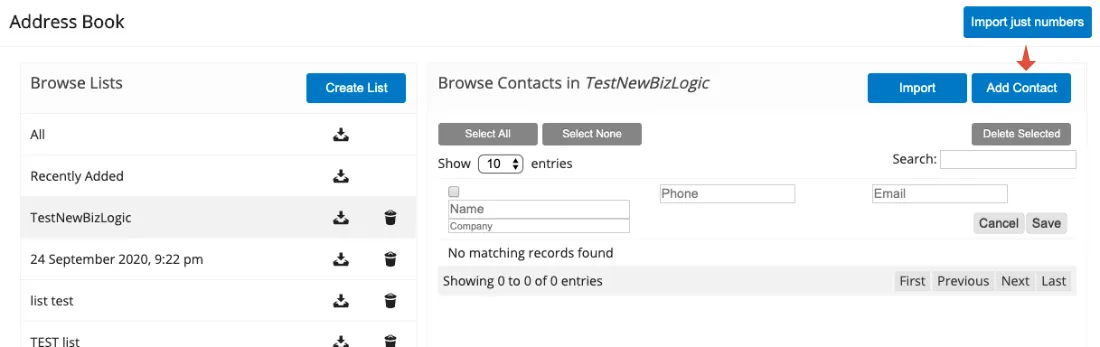 Add the tester's phone number using Add contact