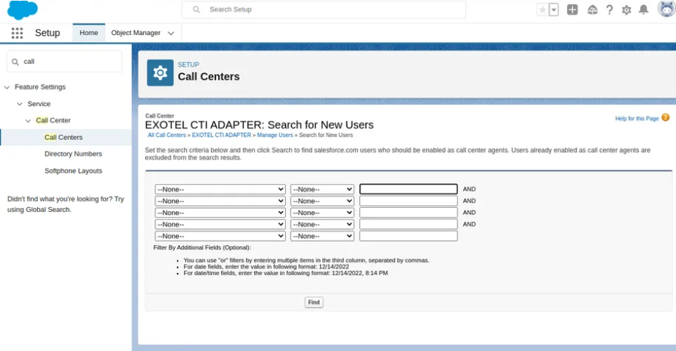 Search for users to add to the call center