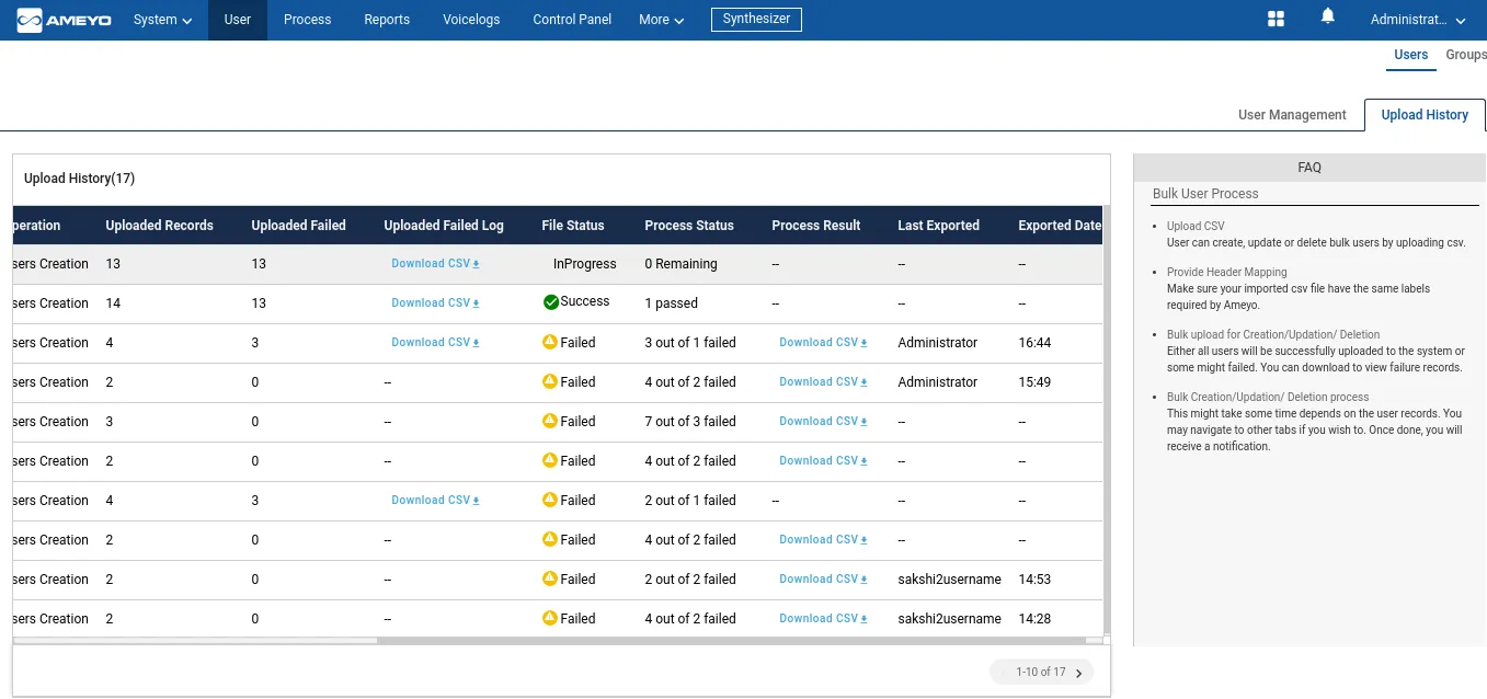 Figure: Upload History Tab