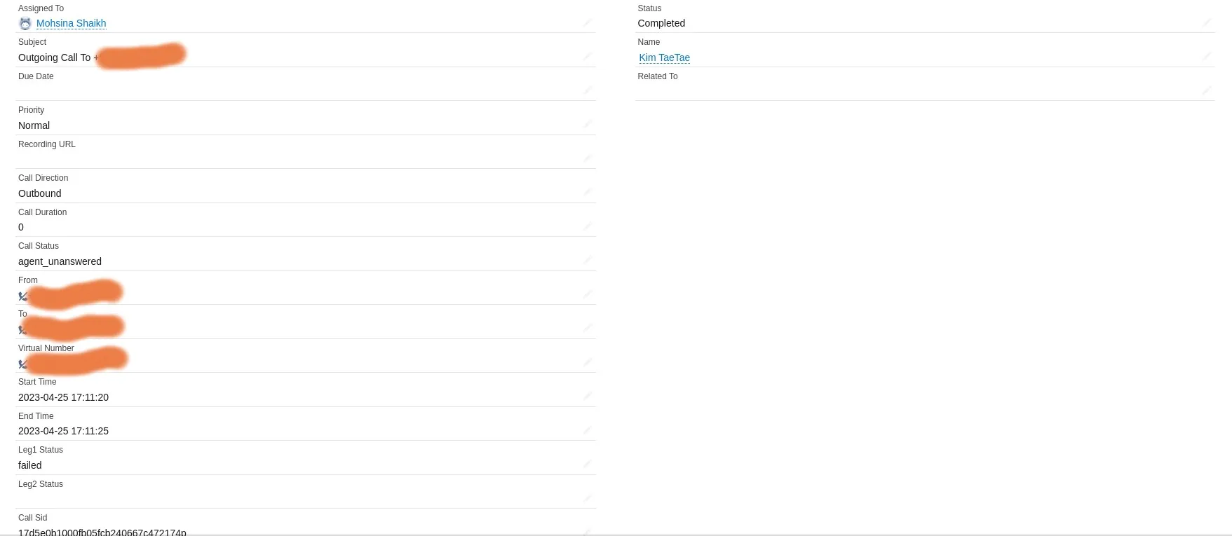 Call details activity record