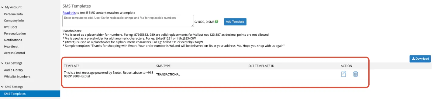 Default TEST SMS template in the SMS template section