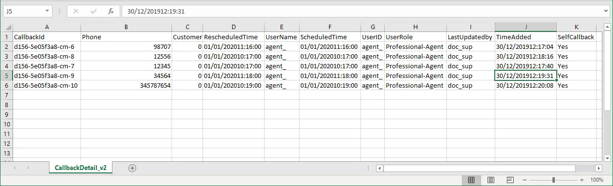 Figure: Sample CSV File containing the callbacks