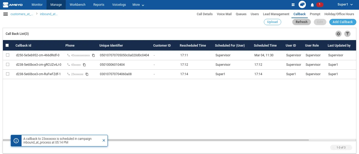Figure: Callback Management in a Campaign