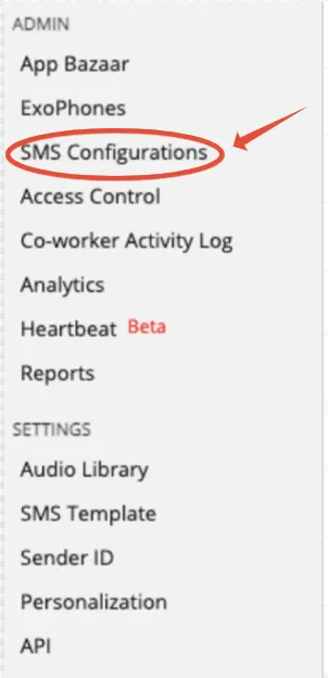 SMS Configurations option in the sidebar
