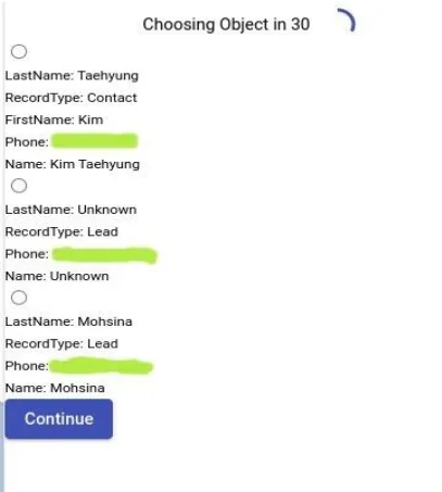 Incoming call popup with multiple matching objects