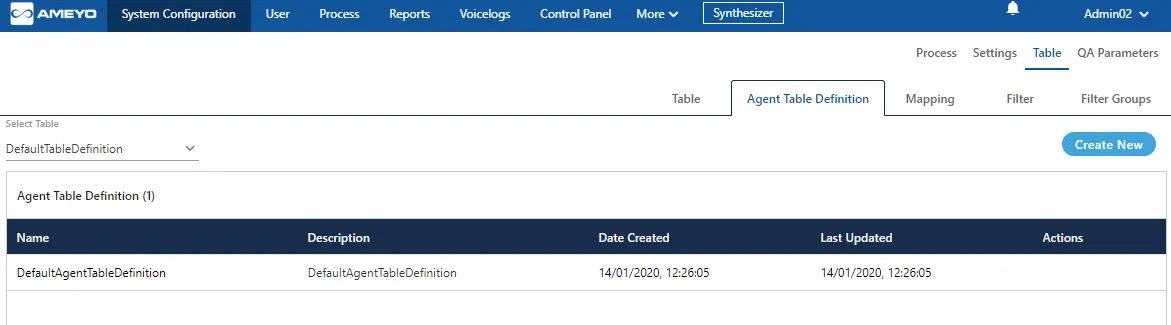 Figure: New Tab of Agent Table Definition