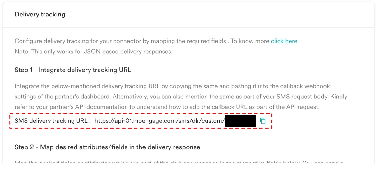 MoEngage Delivery tracking screen showing the SMS delivery tracking URL
