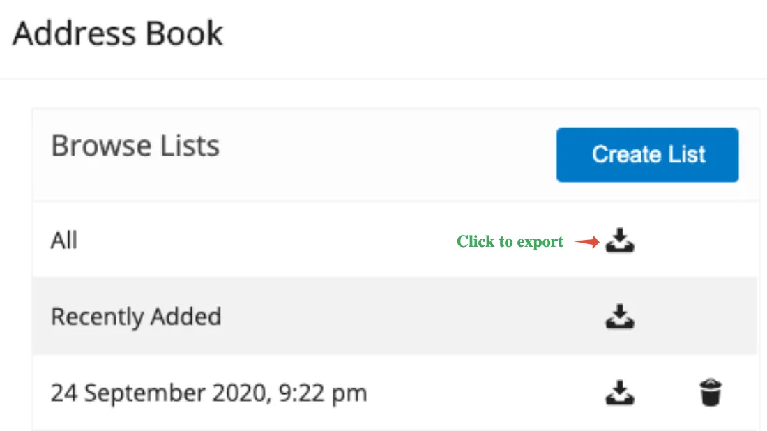 Export button next to a list in the Address Book
