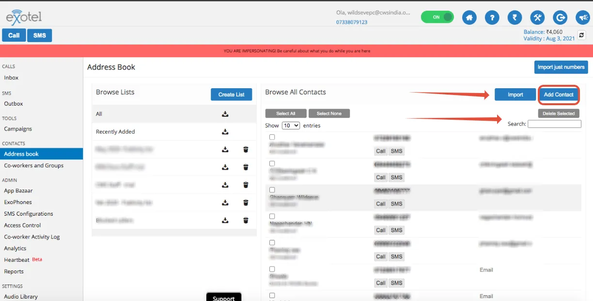 Browse Contacts section in the Address Book