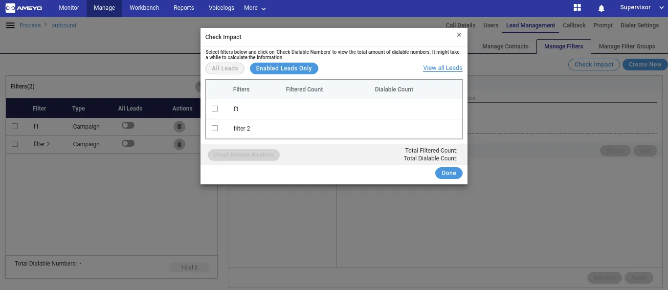Figure: Option to view the Filtered and Dialed Count in Campaign