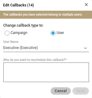 Figure: Bulk Edit of Callbacks already assigned to the multiple users