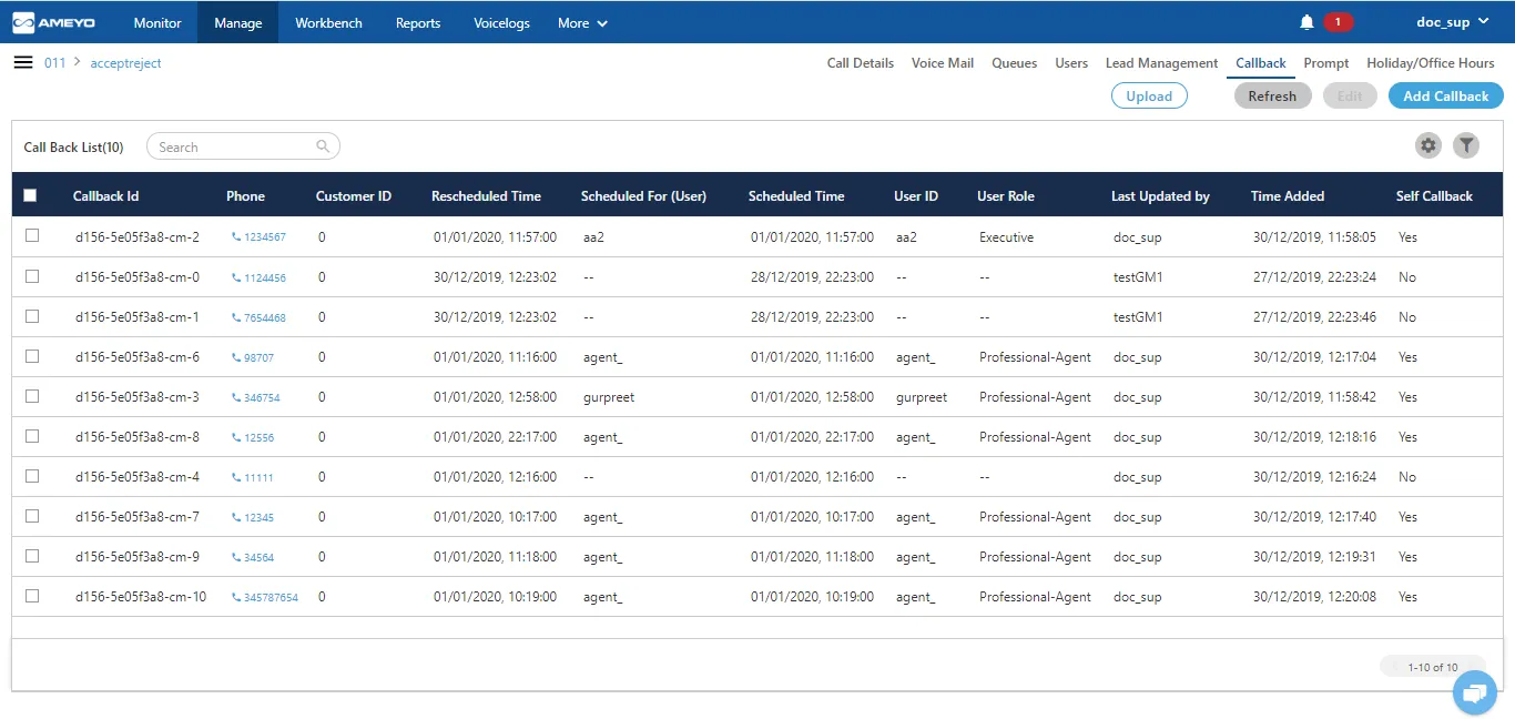 Figure: "Manage Callback" Page