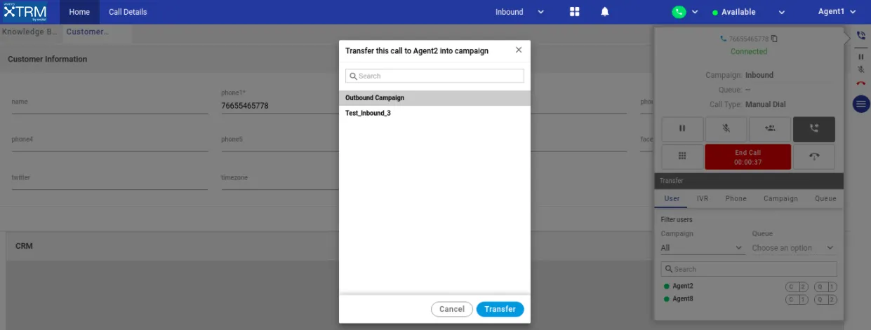 Figure: List of Campaigns and Queues in which the User is loggedin