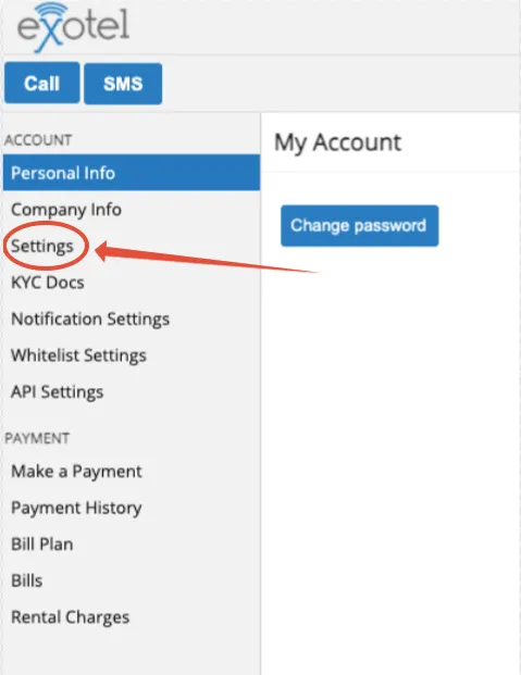 Settings option on the sidebar