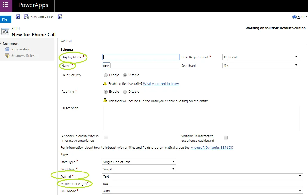 Figure: Phone Call Fields