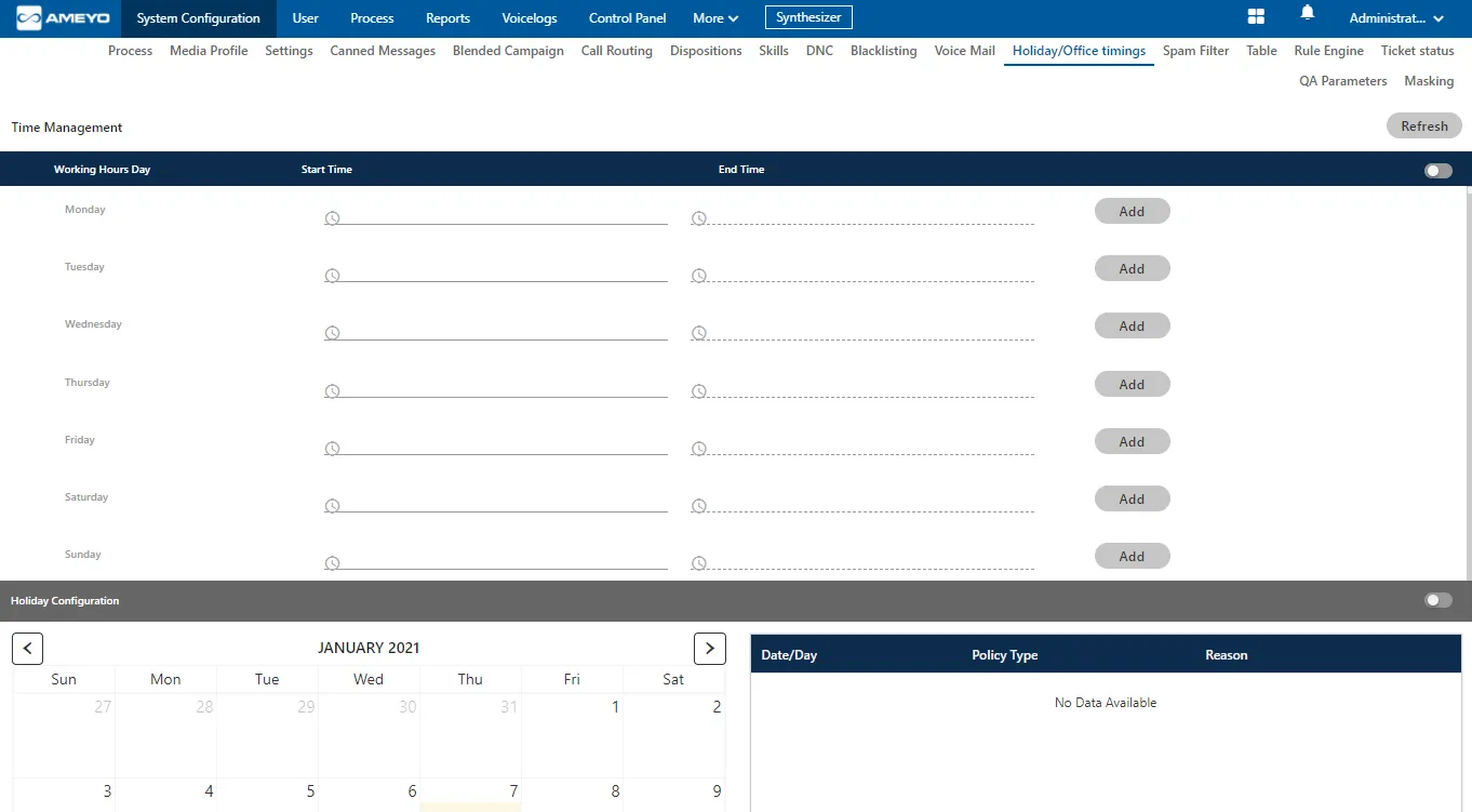 Figure: Holiday/Office Timings Tab