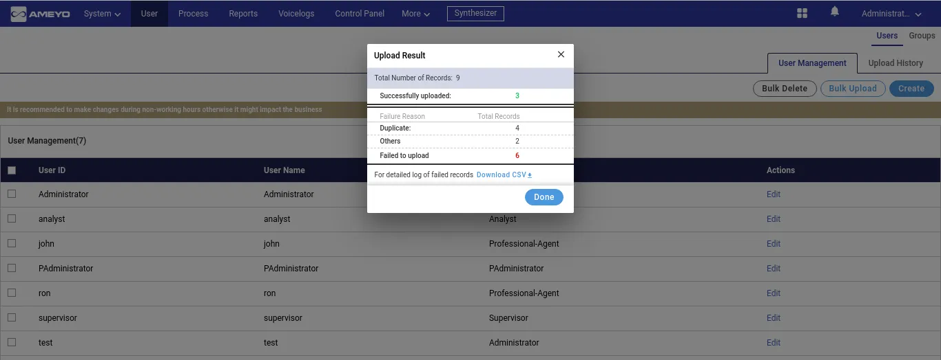Figure: Modal shown for Bulk Upload of Users