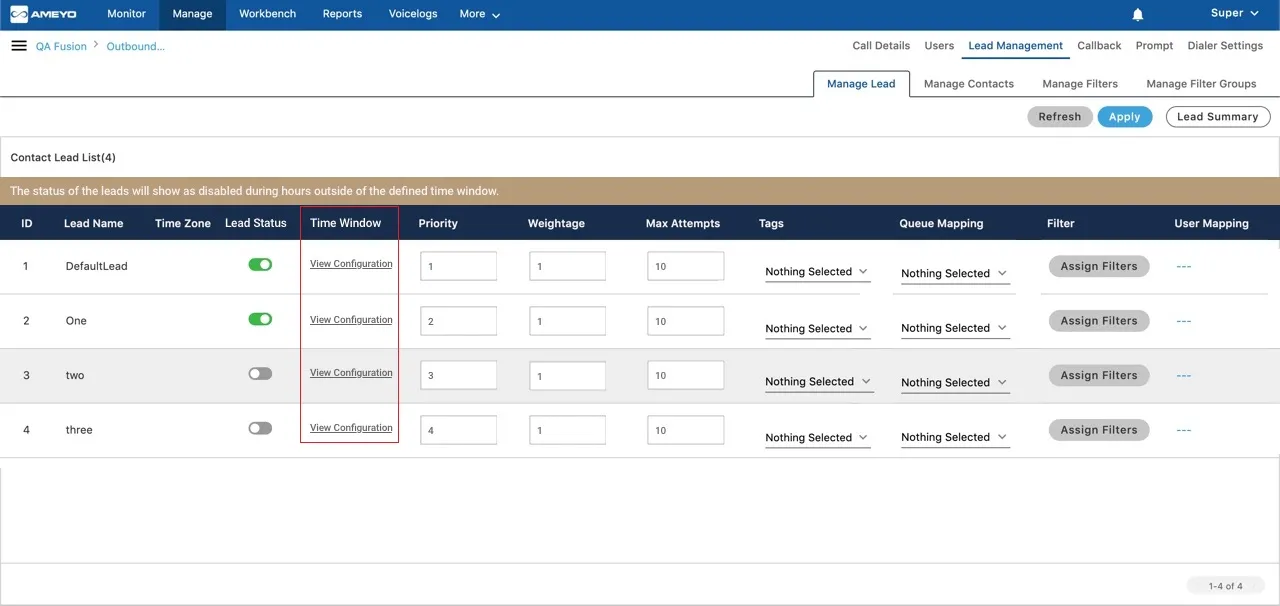 Figure: Time Window Configuration in "Manage Lead" Tab Figure: Time Window Configuration in "Manage Lead" Tab