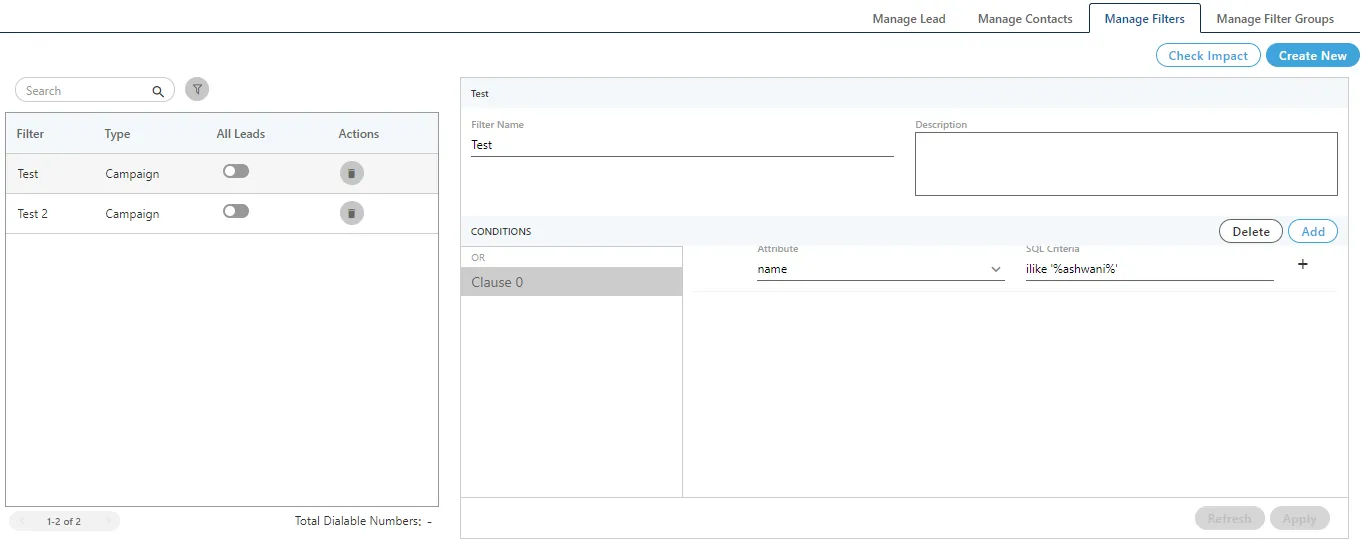 Figure: "Manage Filters" Tab displays "Total Dialable Number
