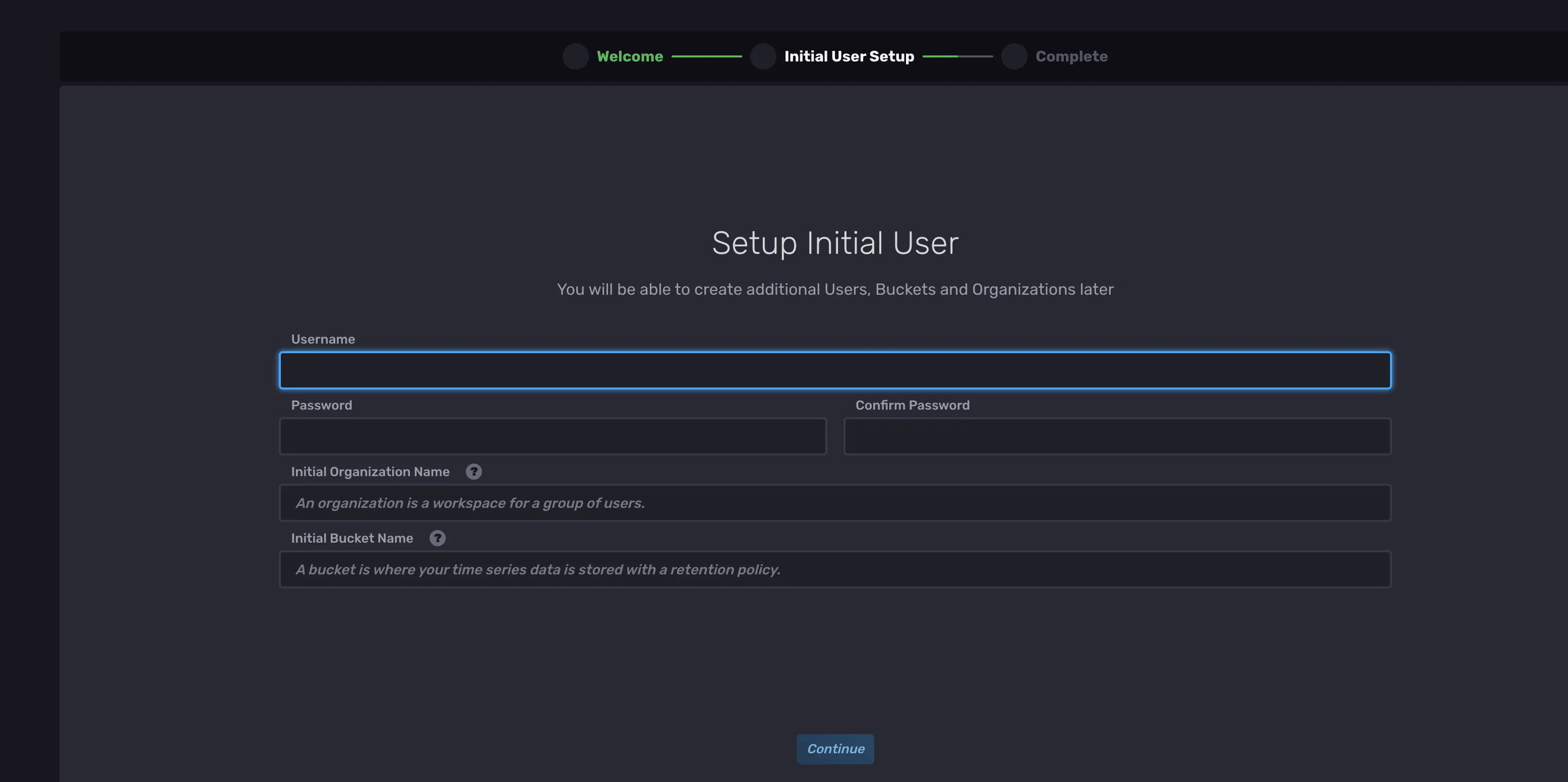 InfluxDB initial setup screen