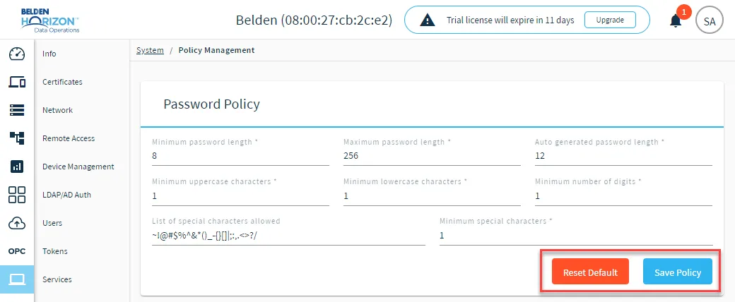 Password Policy management options