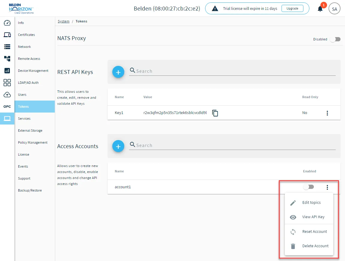 Action menu options for REST API accounts Action menu options for REST API accounts