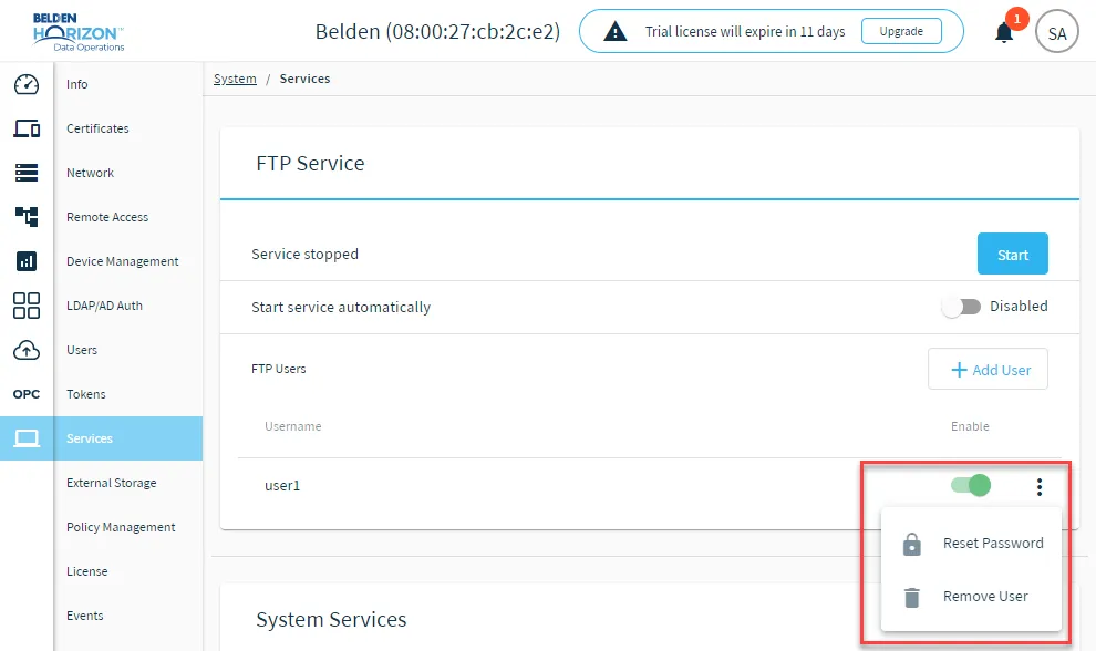 Action menu for FTP users Action menu for FTP users
