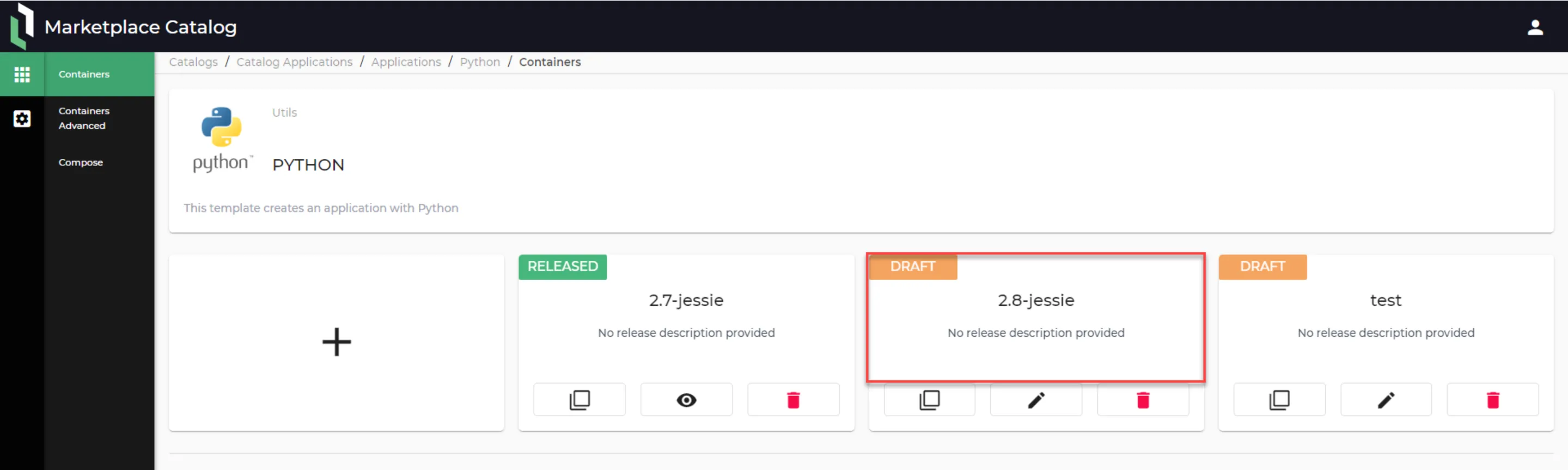 Newly created application release tile [2.8-jessie is example]