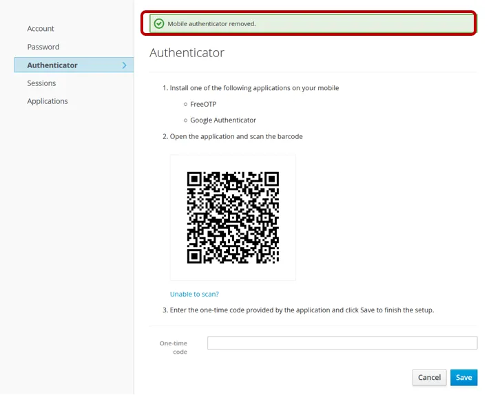 Mobile authenticator removed confirmed. Mobile authenticator removed confirmed.