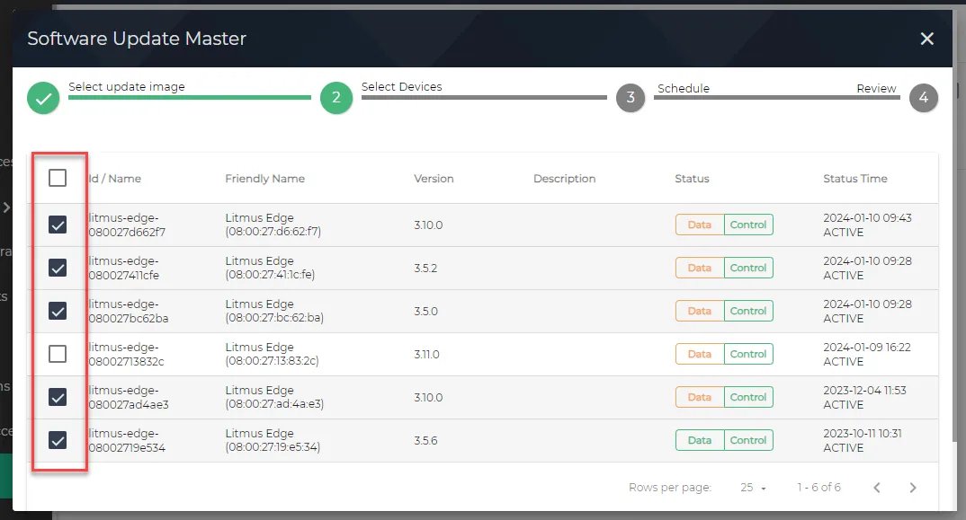 Software Update Task UI Step 3: Select Target Device(s)