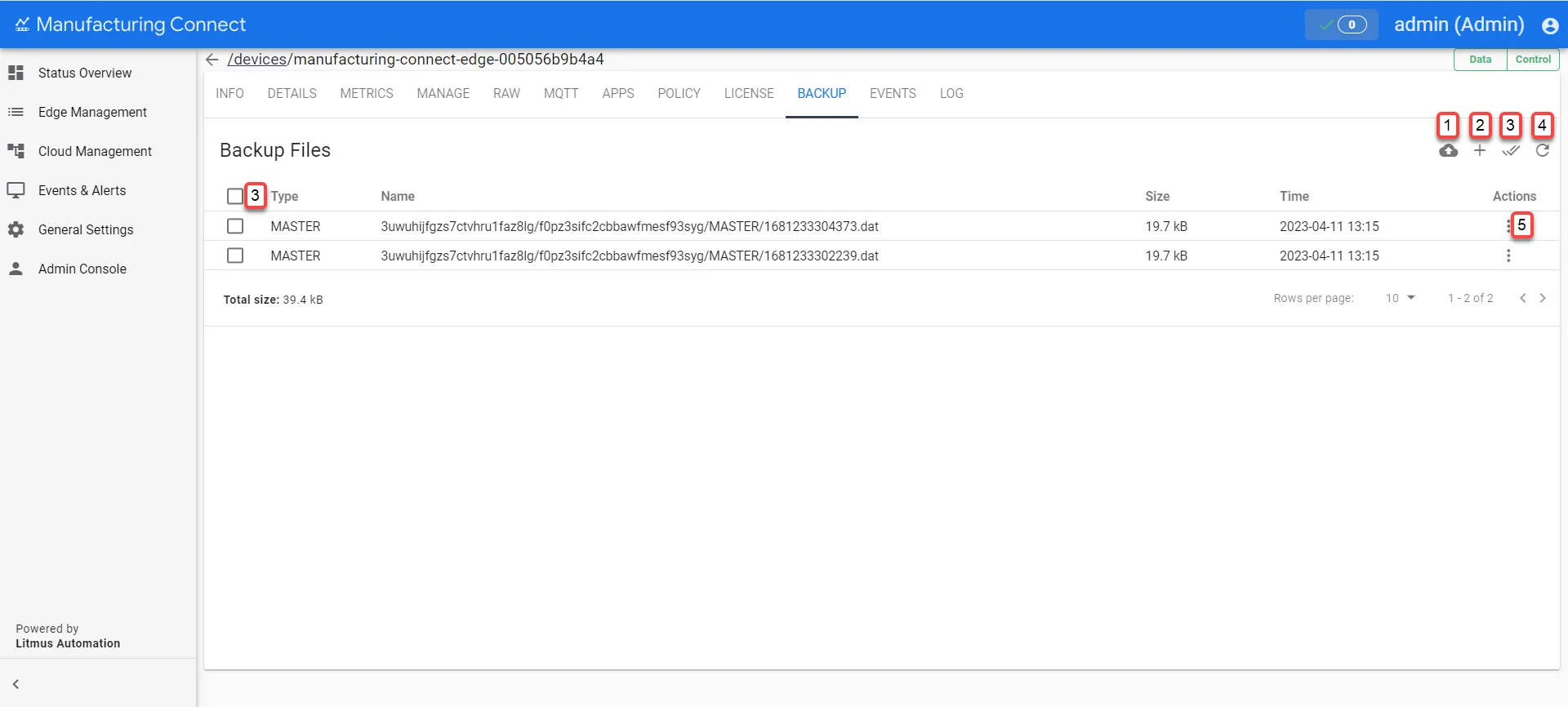Manufacturing Connect User UI : Edge Device Details : Backup tab Manufacturing Connect User UI : Edge Device Details : Backup tab