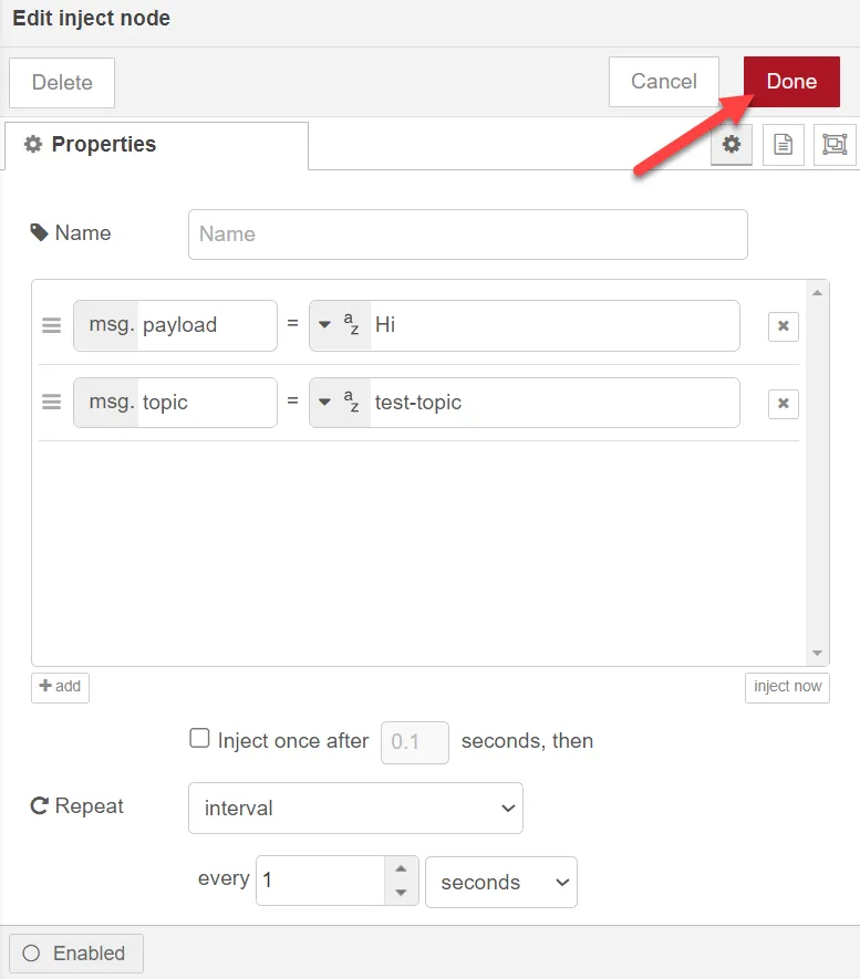 Edit inject node dialog box 