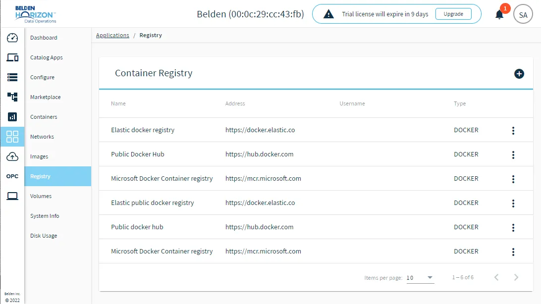Applications Registry pane Applications Registry pane