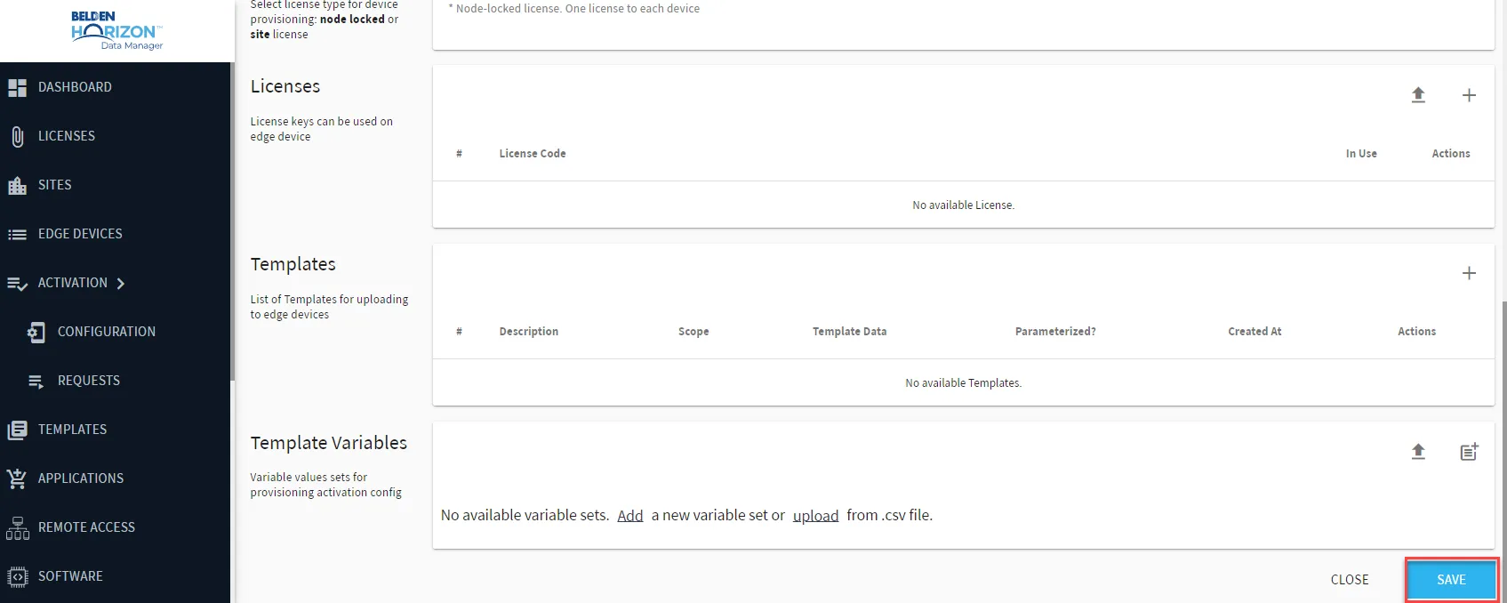 Belden Horizon Data Manager User UI : Activation > Configuration : Activation Config 5/6 Save